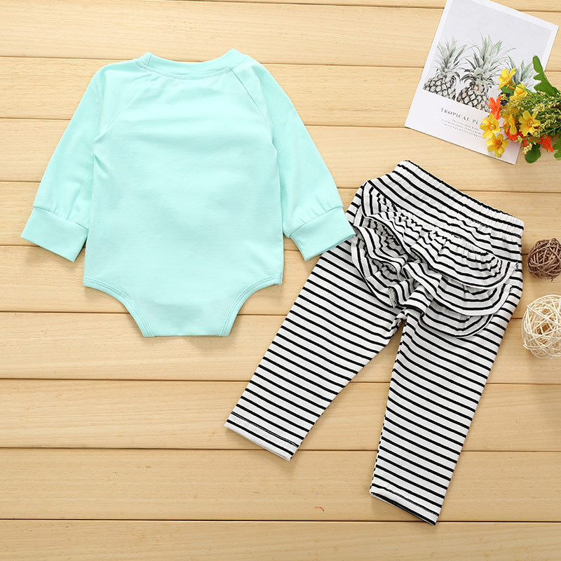 Baby Girl Valentine's Day Round Neck Long Sleeve Striped 2 Pcs Sets