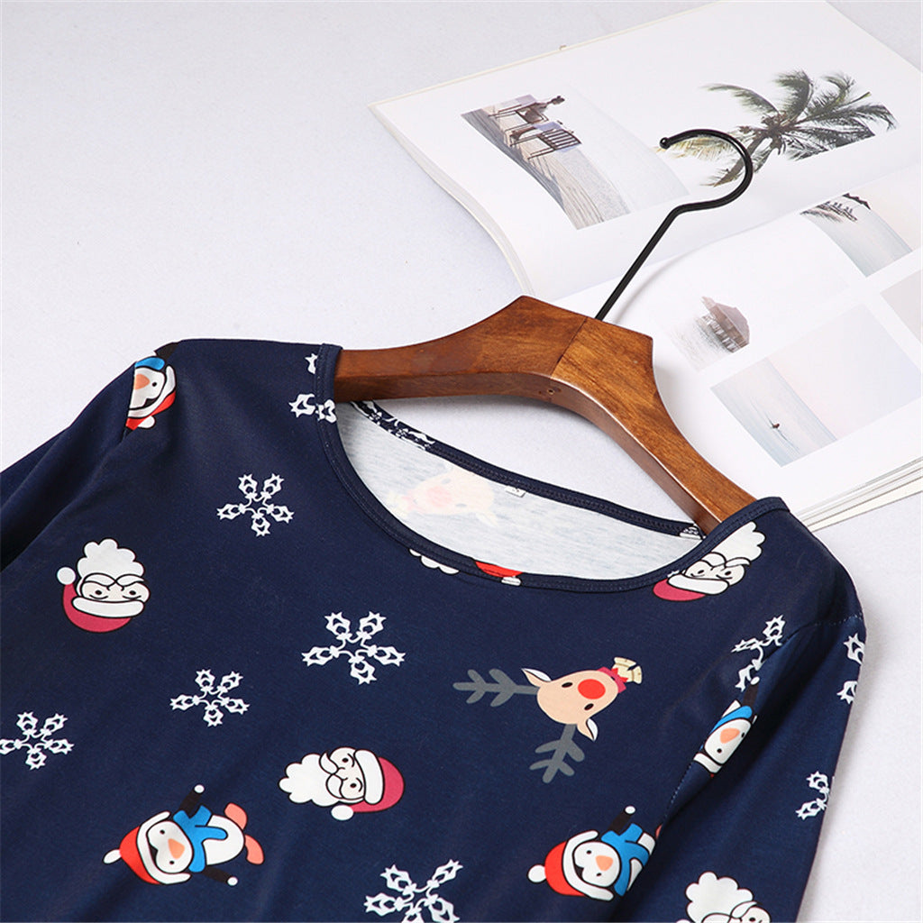 Family Matching Mother Daughter Long Sleeve Christmas Print Dresses