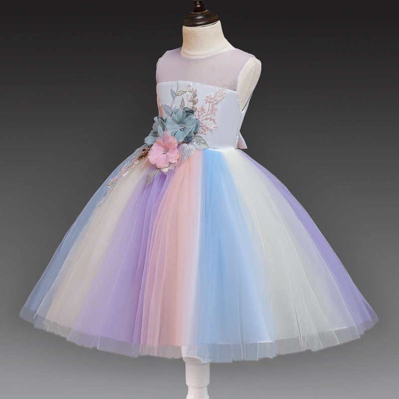 Kid Baby Girl Rainbow Pompous Flower Gauze Dresses