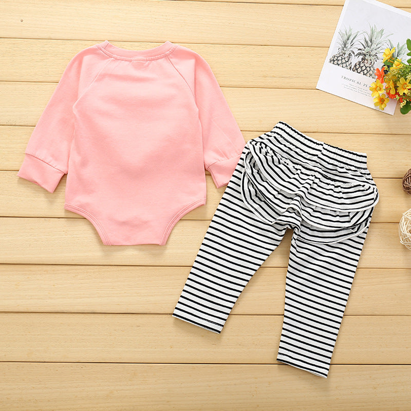 Baby Girl Valentine's Day Round Neck Long Sleeve Striped 2 Pcs Sets