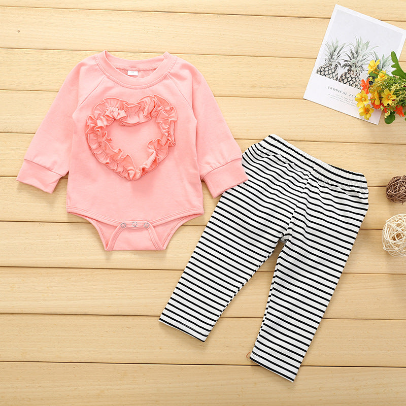 Baby Girl Valentine's Day Round Neck Long Sleeve Striped 2 Pcs Sets