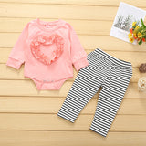 Baby Girl Valentine's Day Round Neck Long Sleeve Striped 2 Pcs Sets