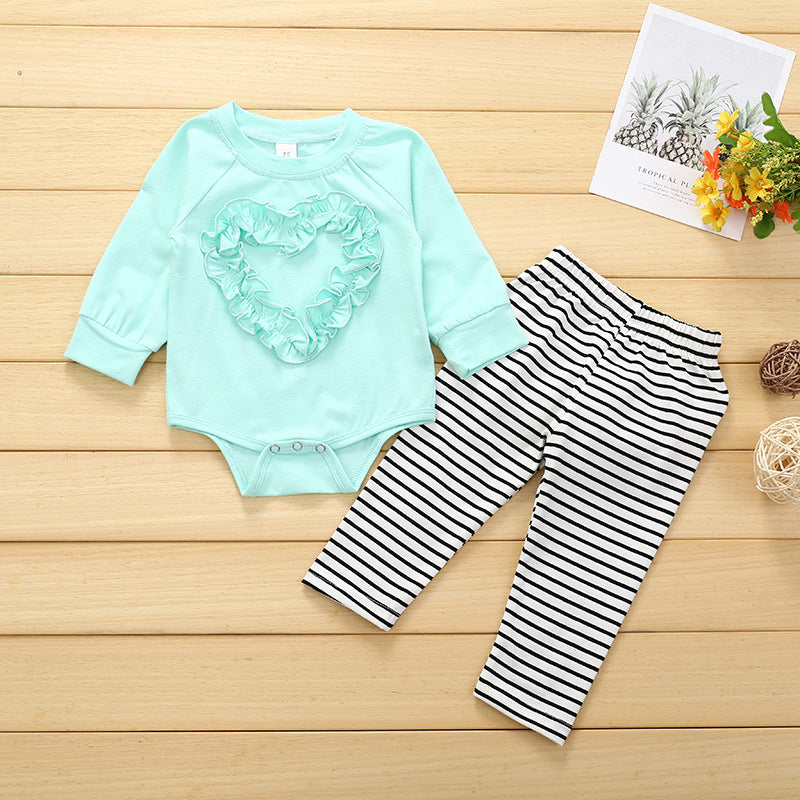 Baby Girl Valentine's Day Round Neck Long Sleeve Striped 2 Pcs Sets