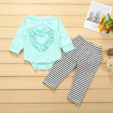 Baby Girl Valentine's Day Round Neck Long Sleeve Striped 2 Pcs Sets
