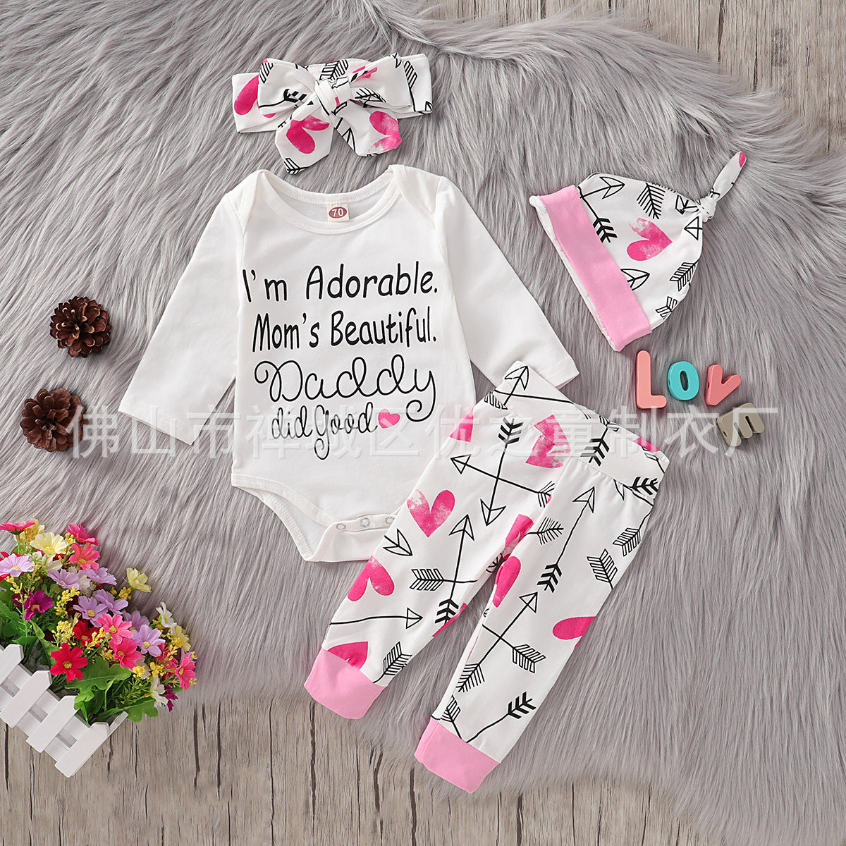 Baby Girl Valentine's Day Cotton Monogram Print 3 Pcs Sets