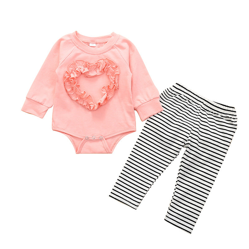 Baby Girl Valentine's Day Round Neck Long Sleeve Striped 2 Pcs Sets
