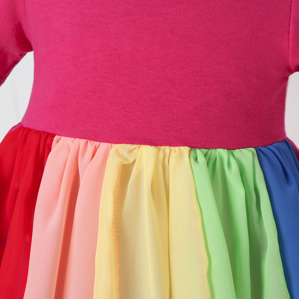 Girl Short Sleeve Rainbow Mesh Rainbow Casual Dresses