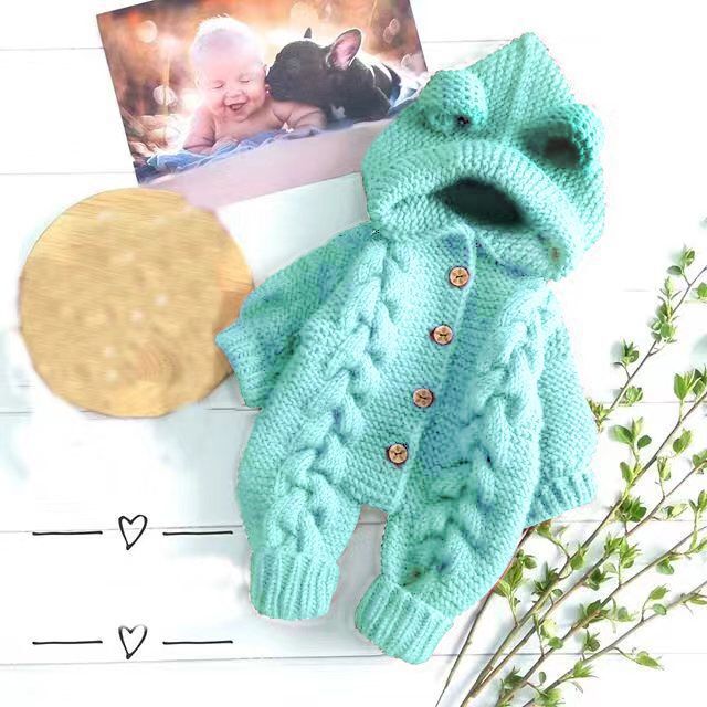 Baby Hooded Single-row Buckle Solid Color Jumpsuit Romper