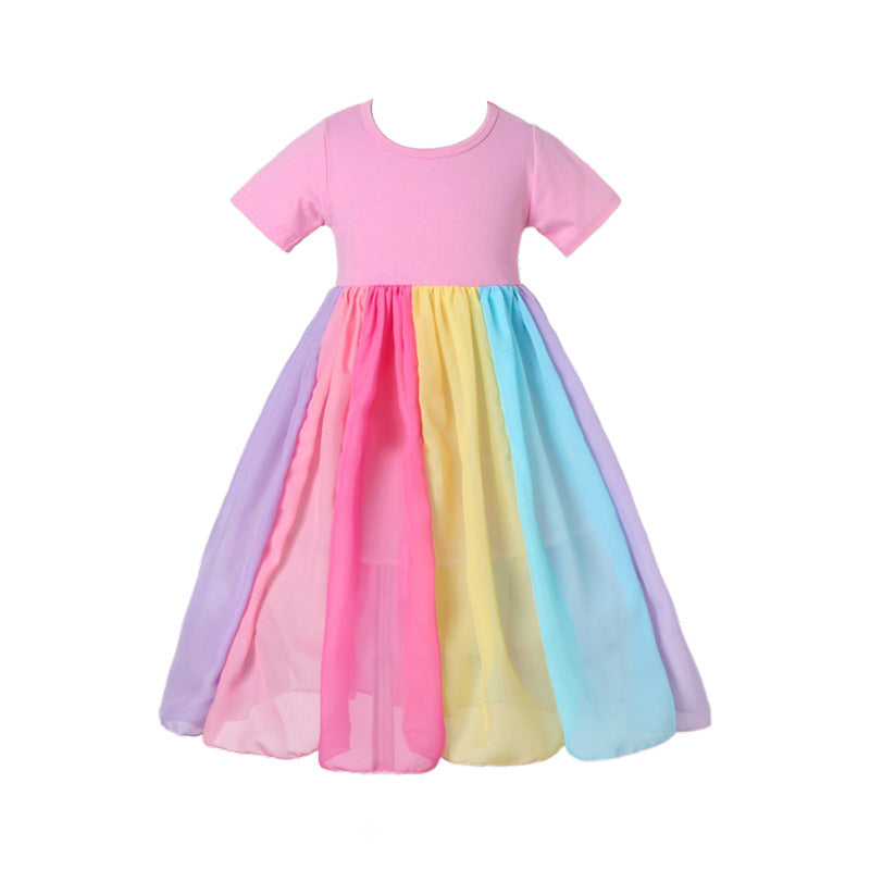 Girl Short Sleeve Rainbow Mesh Rainbow Casual Dresses