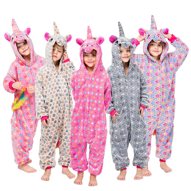 Kid Girl Cartoon Animal One-piece Flanel Unicorn Pajamas