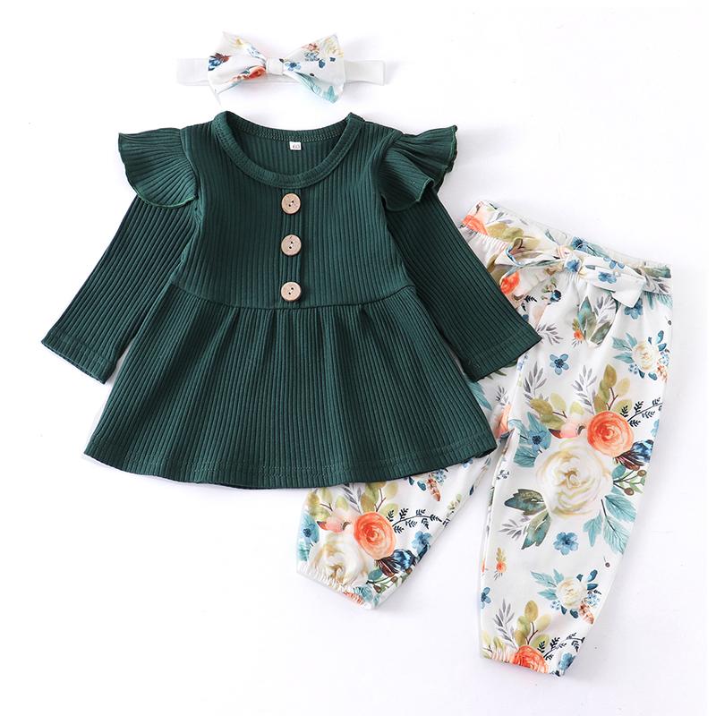 Baby Girl Solid Knitting Ruffle Long Sleeve Floral 3 Pcs Set
