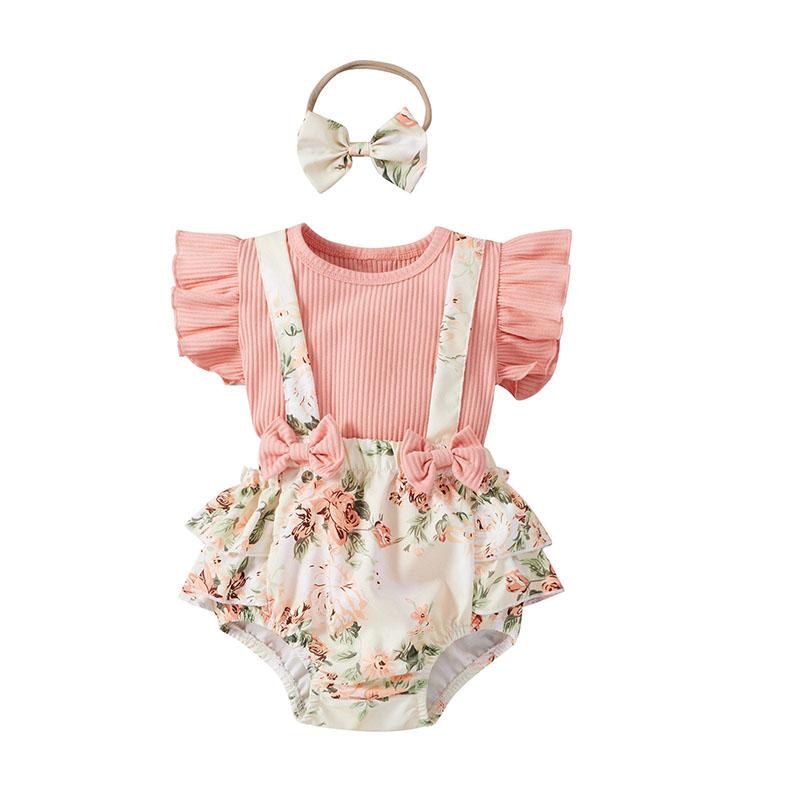 Baby Girl Ruffle Sleeve Ribbed Floral 3 Pcs Sets