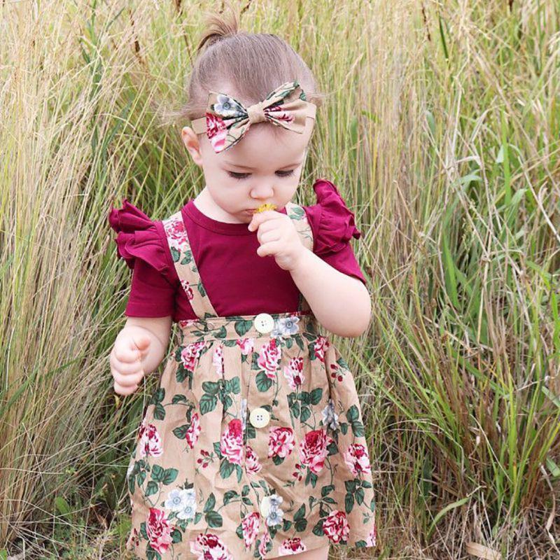 Baby Girl O-Neck Short Sleeve Ruffle Floral Suspender 2 Pcs Sets