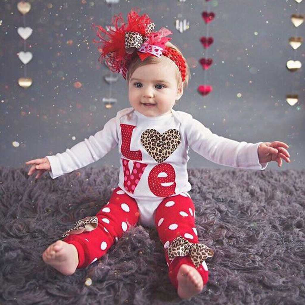 Baby Girl Valentine's Day Print Letter Long Sleeve  Leg Polka Dot Set 2 Pcs Sets