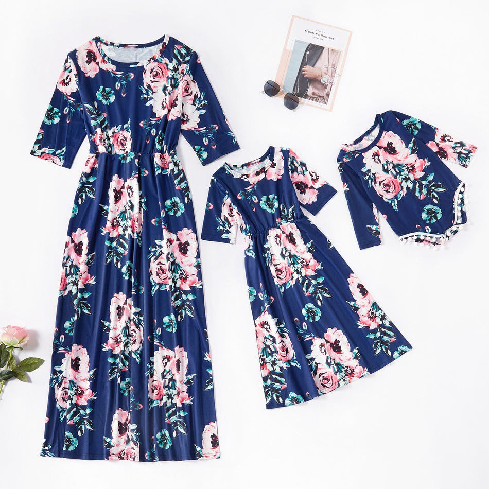 Family Matching Printed Mother-daughter Mid-sleeve Dress