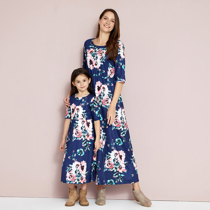 Family Matching Printed Mother-daughter Mid-sleeve Dress