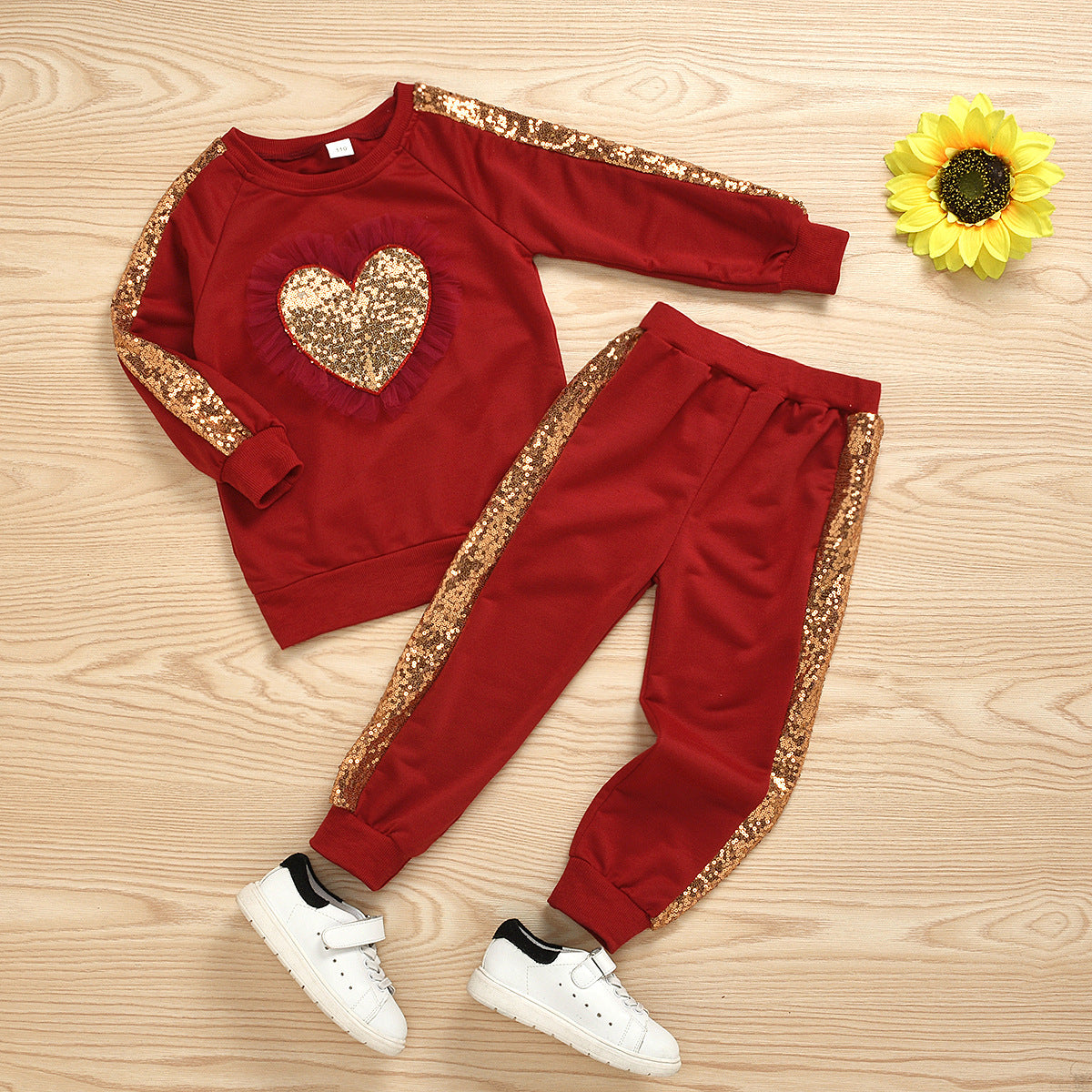 Toddler Baby Girl Valentine's Day Long Sleeve Love Sequins 2 Pcs Sets