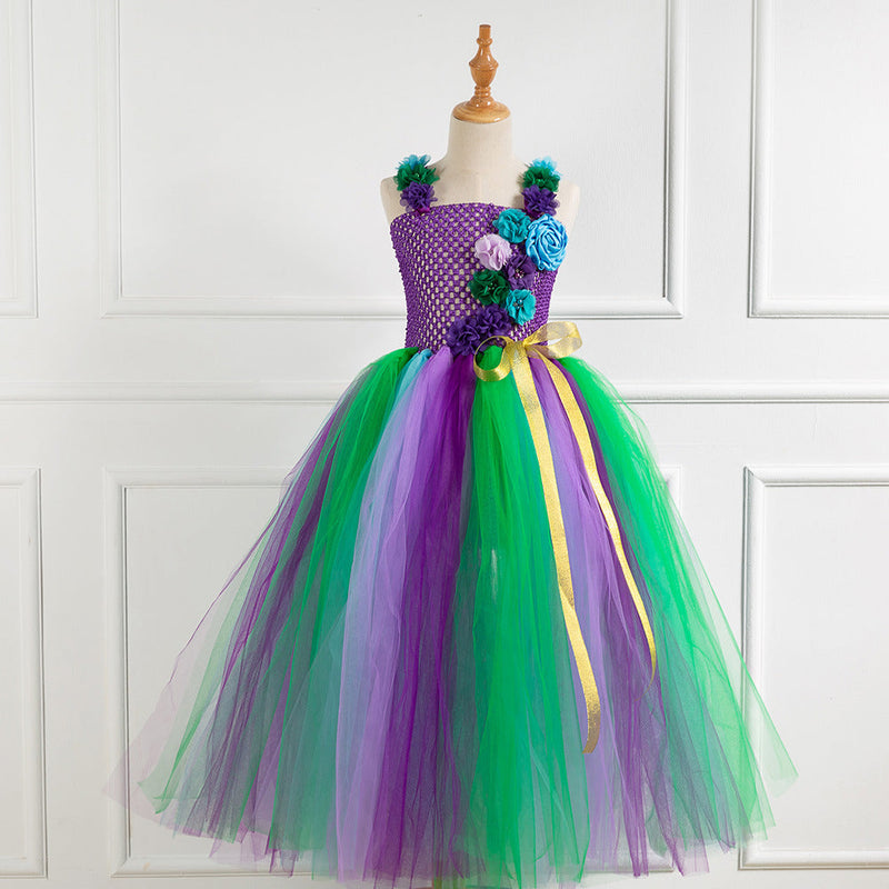 Kid Girl Long Flower Ribbow Tutu Voile Mesh Unicorn Dress