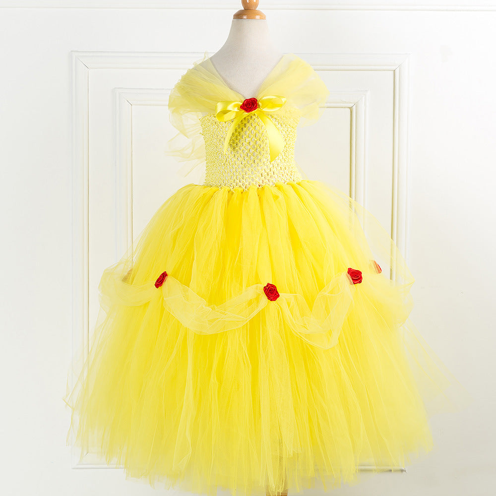 Kid Baby Girl Mesh Princess Fluffy Belle Beauty Cosplay Tutu Dress