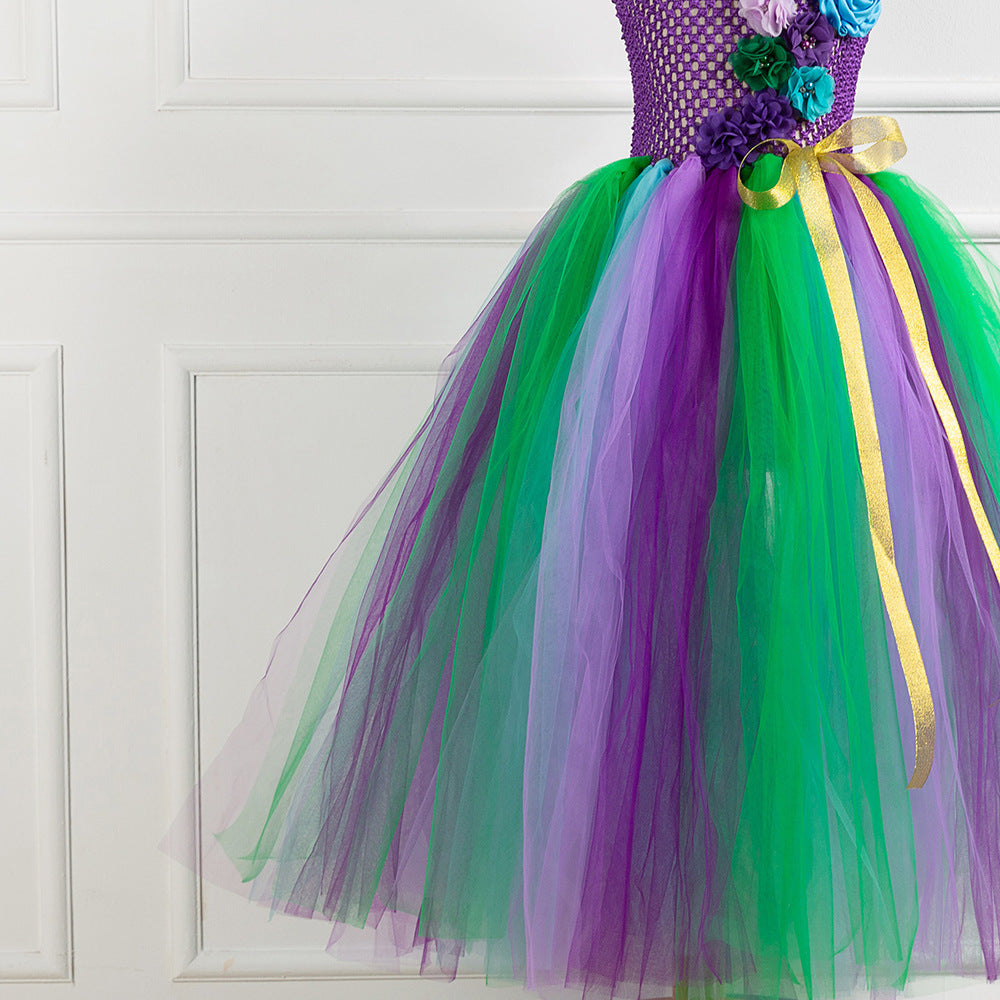 Kid Girl Long Flower Ribbow Tutu Voile Mesh Unicorn Dress