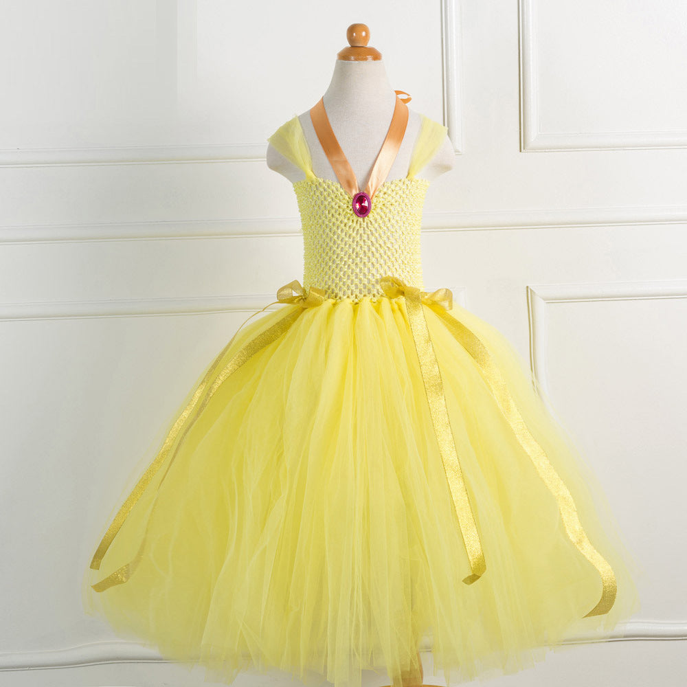 Kid Baby Girl Mesh Princess Fluffy Belle Beauty Cosplay Tutu Dress