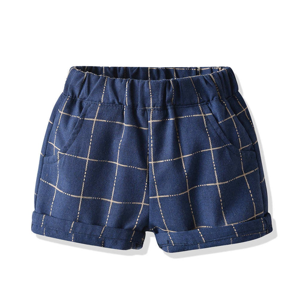 Kid Baby Boy Suit Short Sleeve British Plaid 2 Pcs Sets