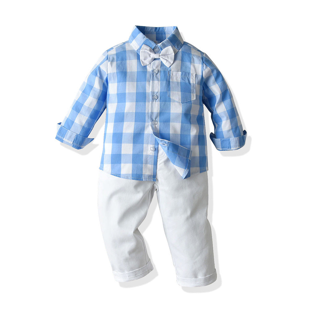 Autumn Cotton Plaid Long Sleeves Baby Boy Set 2 Pcs Formal Suits