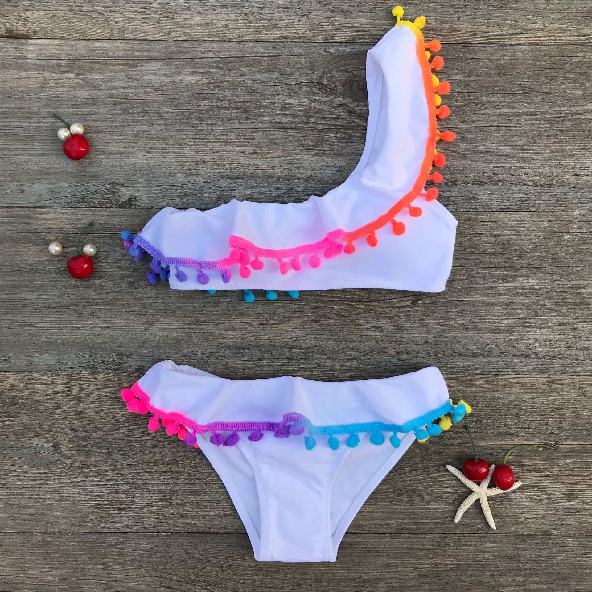 Kid Baby Girl Colored Balls Bikini Slanted Shoulders Swimsuits
