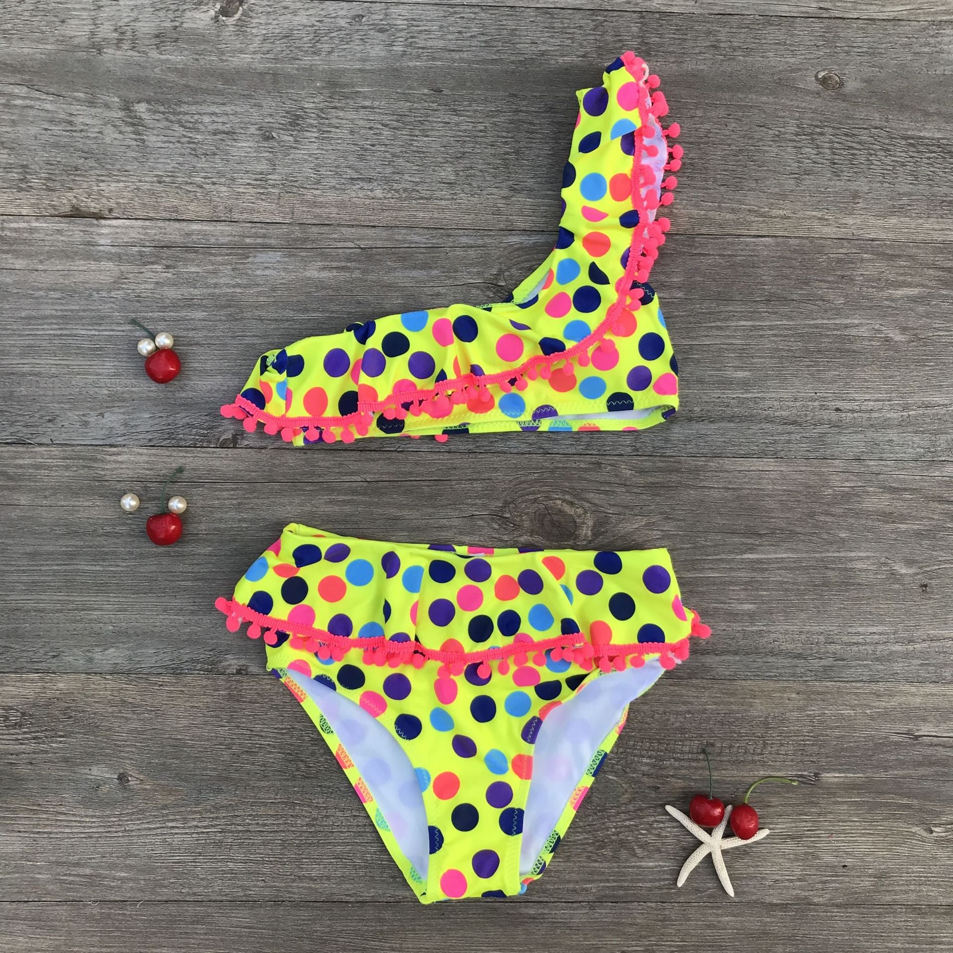 Kid Baby Girl Colored Balls Bikini Slanted Shoulders Swimsuits