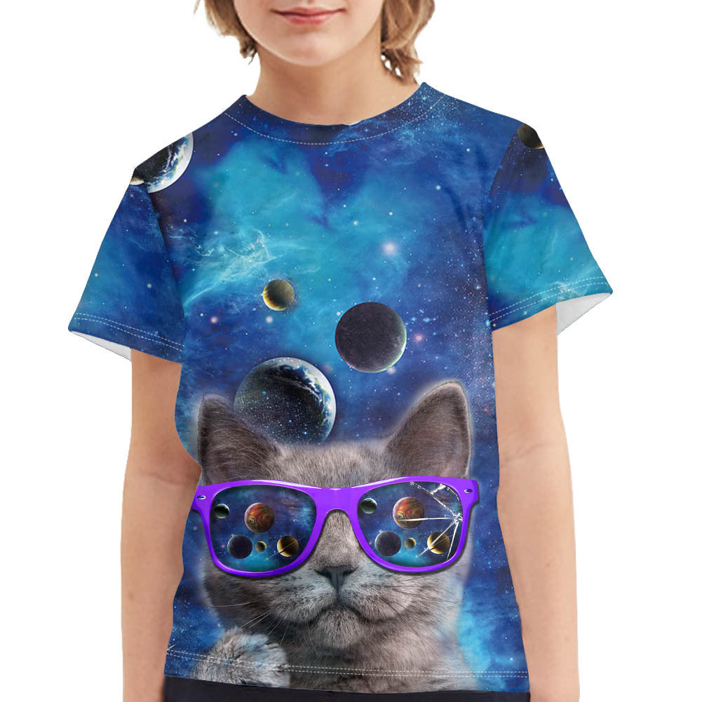 Kid Short 3D Star Cat And Dog Printed Nylon T-shirt