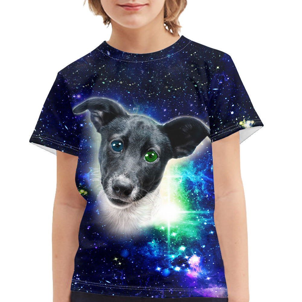 Kid Short 3D Star Cat And Dog Printed Nylon T-shirt