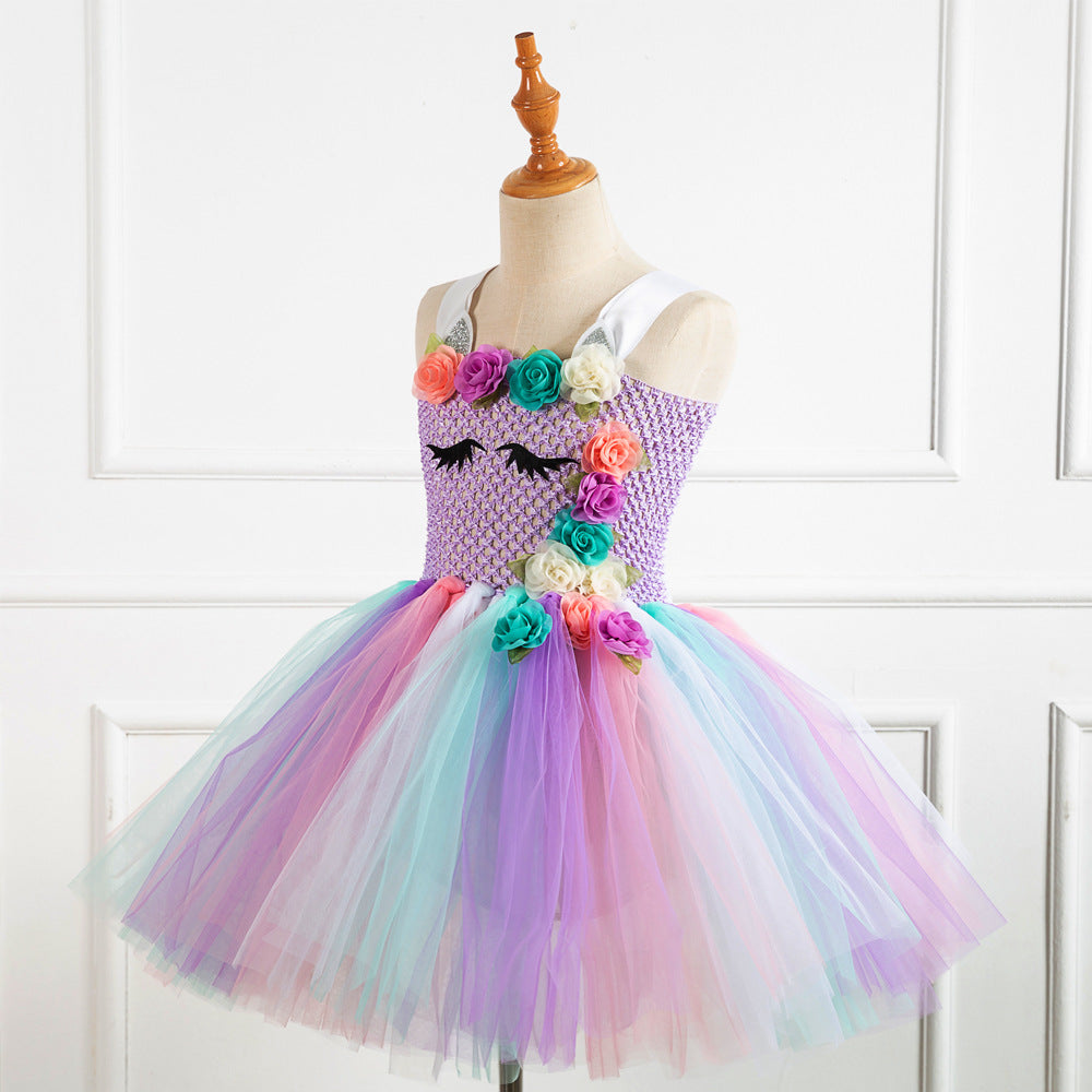 Kid Girl Rainbow Unicorn Princess Dress Halloween Carnival Dress