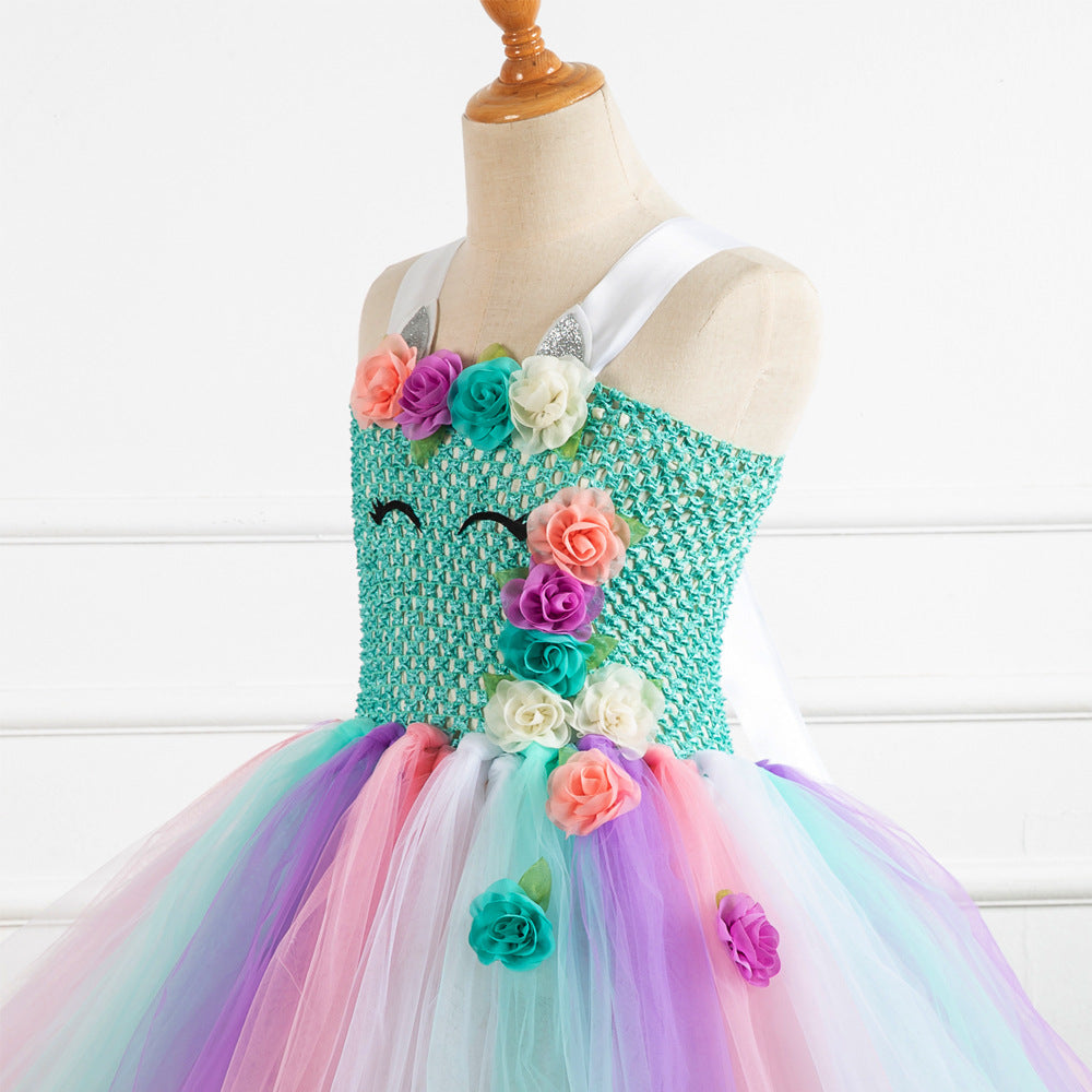 Kid Girl Rainbow Unicorn Princess Dress Halloween Carnival Dress