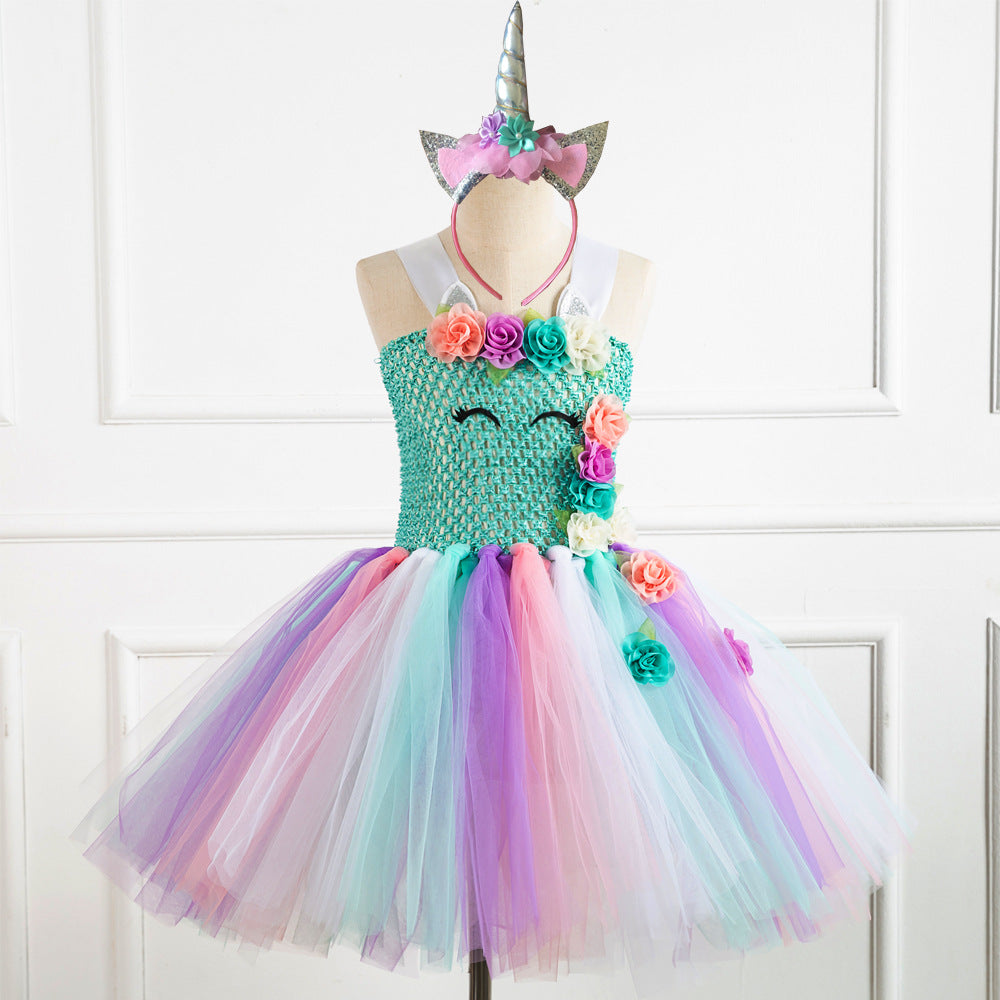 Kid Girl Rainbow Unicorn Princess Dress Halloween Carnival Dress