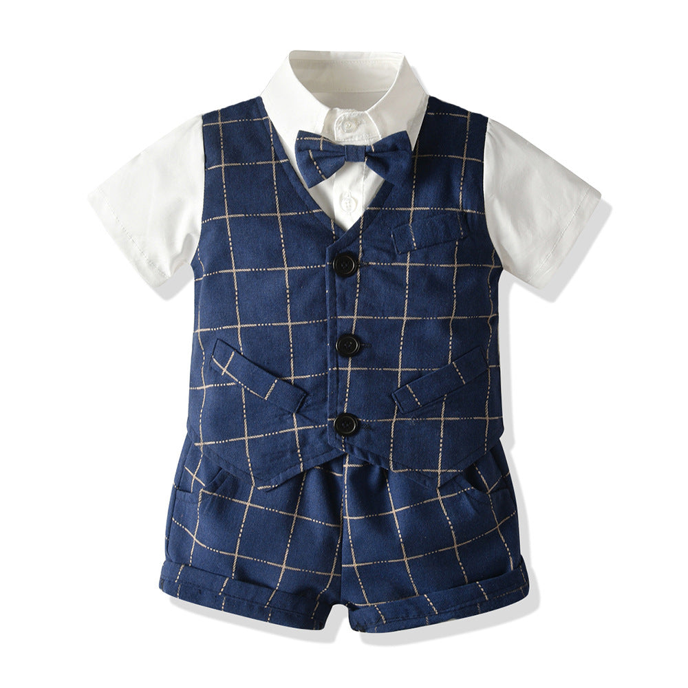 Kid Baby Boy Suit Short Sleeve British Plaid 2 Pcs Sets