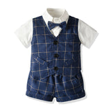 Kid Baby Boy Suit Short Sleeve British Plaid 2 Pcs Sets