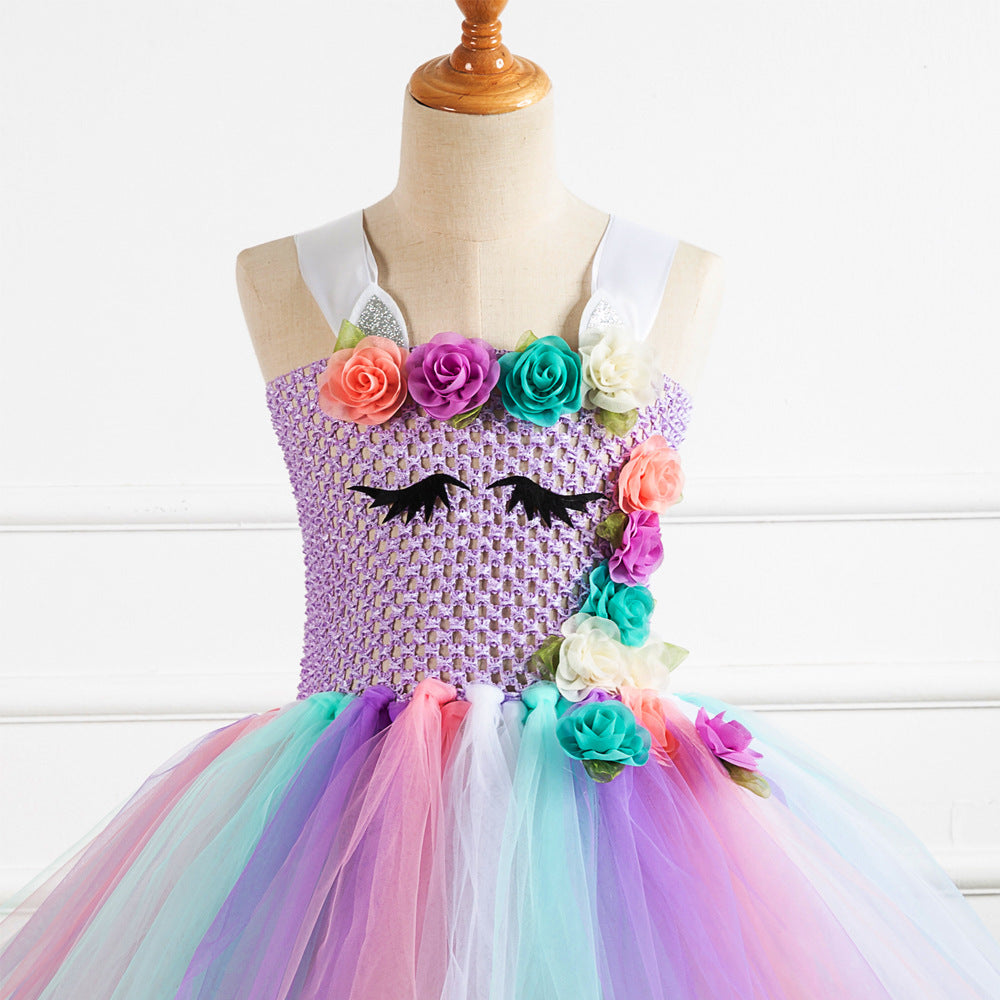 Kid Baby Flower Gauze Girl Princess Skirt Unicorn Princess Rainbow Dress
