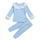 Girl Lace Round Neck Pit Stripe Long Sleeve Top and Trousers Pajamas 2 Pcs