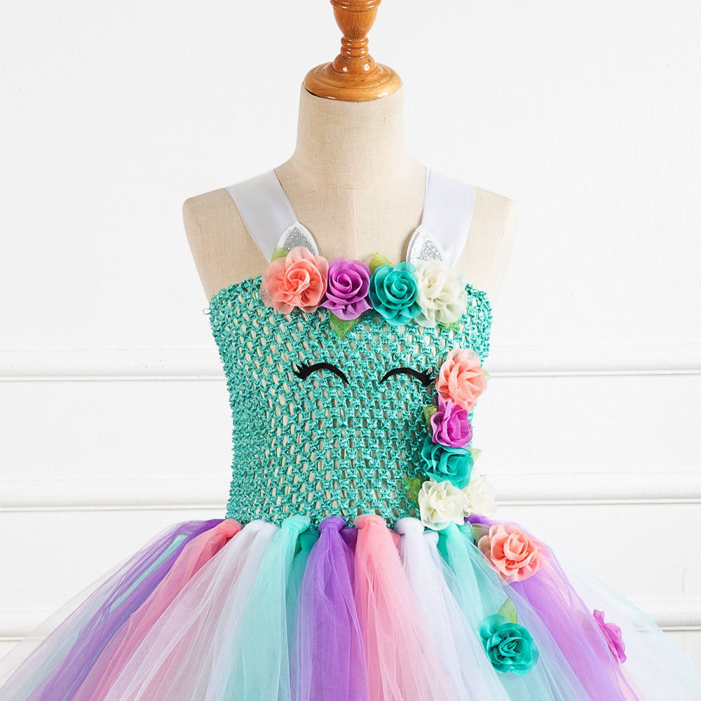 Kid Girl Rainbow Unicorn Princess Dress Halloween Carnival Dress