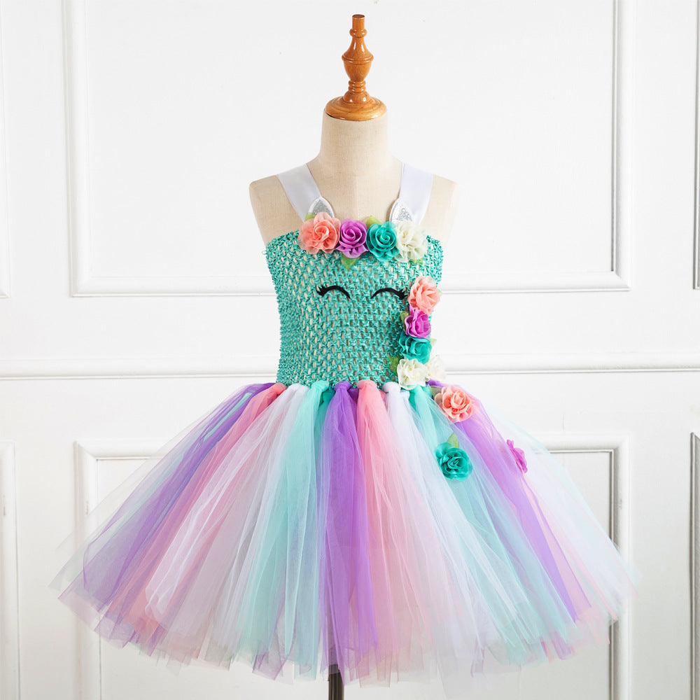 Kid Girl Rainbow Unicorn Princess Dress Halloween Carnival Dress
