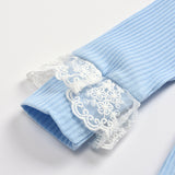 Girl Lace Round Neck Pit Stripe Long Sleeve Top and Trousers Pajamas 2 Pcs