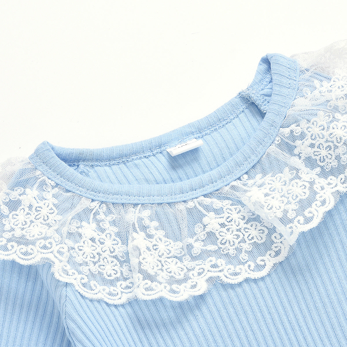 Girl Lace Round Neck Pit Stripe Long Sleeve Top and Trousers Pajamas 2 Pcs