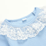Girl Lace Round Neck Pit Stripe Long Sleeve Top and Trousers Pajamas 2 Pcs