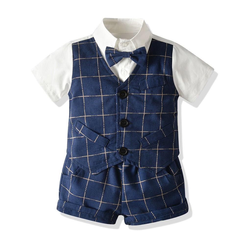 Kid Baby Boy Suit Short Sleeve British Plaid 2 Pcs Sets