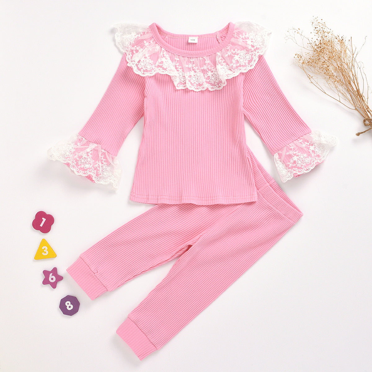 Girl Lace Round Neck Pit Stripe Long Sleeve Top and Trousers Pajamas 2 Pcs