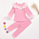 Girl Lace Round Neck Pit Stripe Long Sleeve Top and Trousers Pajamas 2 Pcs