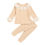 Girl Lace Round Neck Pit Stripe Long Sleeve Top and Trousers Pajamas 2 Pcs