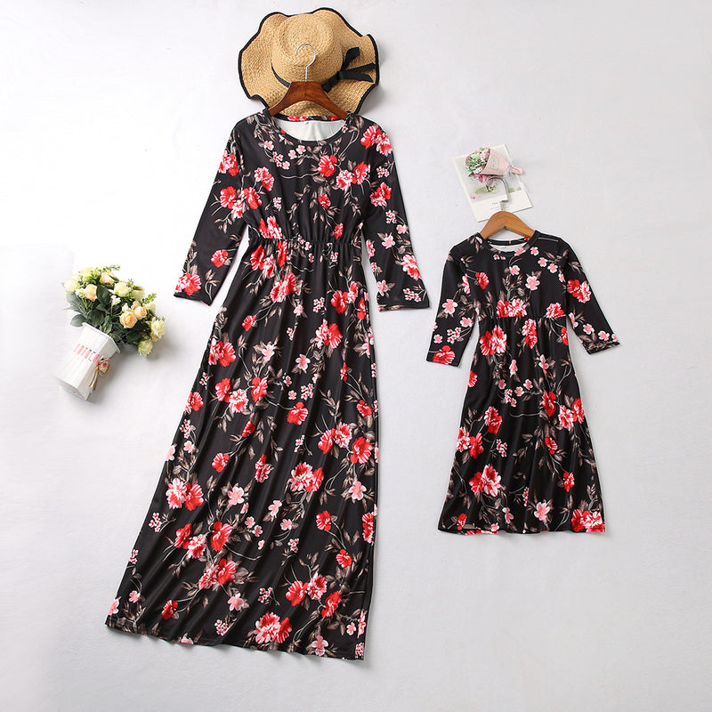 Family Matching Mother Daughter Long Sleeve Flower Print Dresses