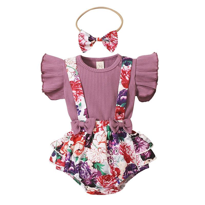 Baby Girl Ruffle Sleeve Ribbed Floral 3 Pcs Sets