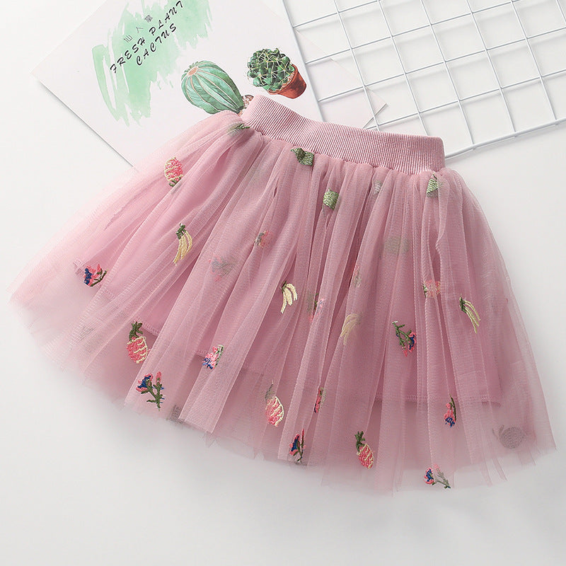 Kid Baby Girls Pineapple Embroidered Mesh Lovely Skirts